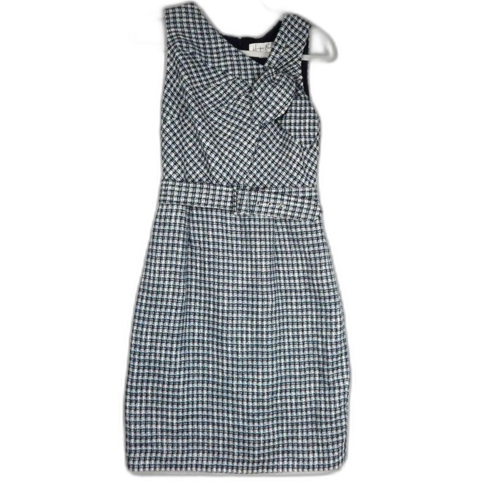 Harper Rose Blue & White Tweed Bow Front Belted Sheath Dress – Size 8P